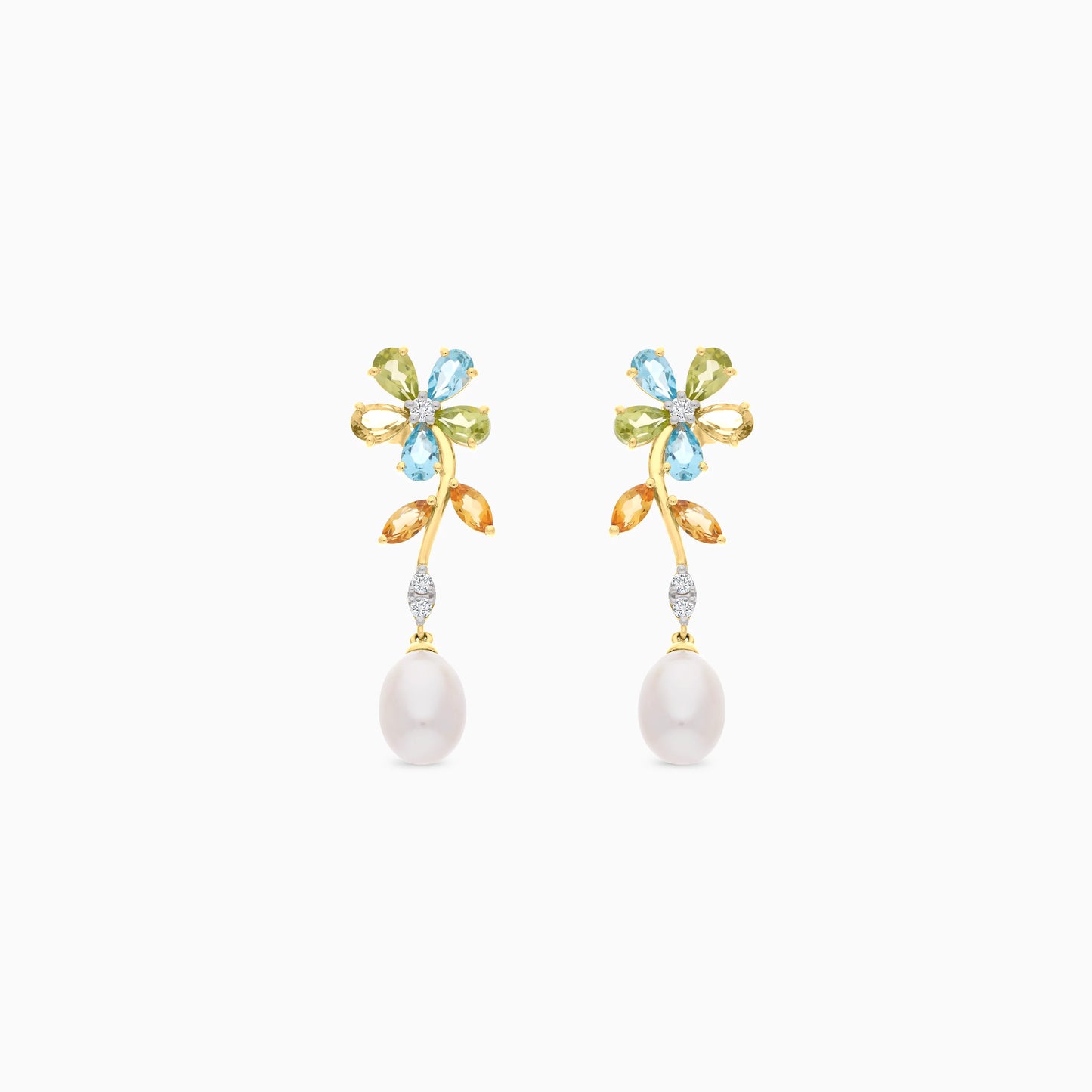 18K Yellow Gold Pearl Earrings with Natural Diamonds and Gemstones | Danah Collection