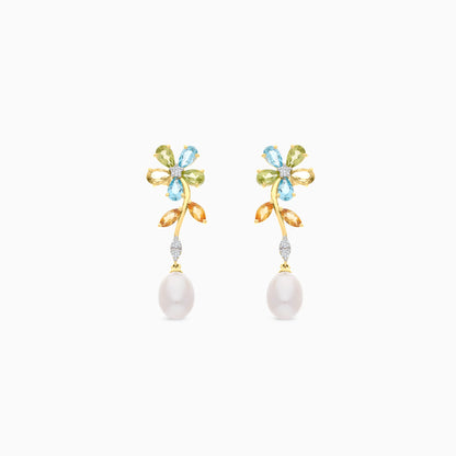 18K Yellow Gold Pearl Earrings with Natural Diamonds and Gemstones | Danah Collection