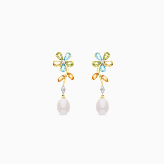 18K  YELLOW GOLD PEARL EARRING WITH NATURAL DIAMOND & GEMSTONES