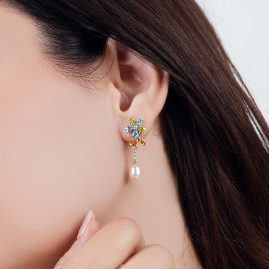 18K Yellow Gold Pearl Earrings with Natural Diamonds and Gemstones | Danah Collection