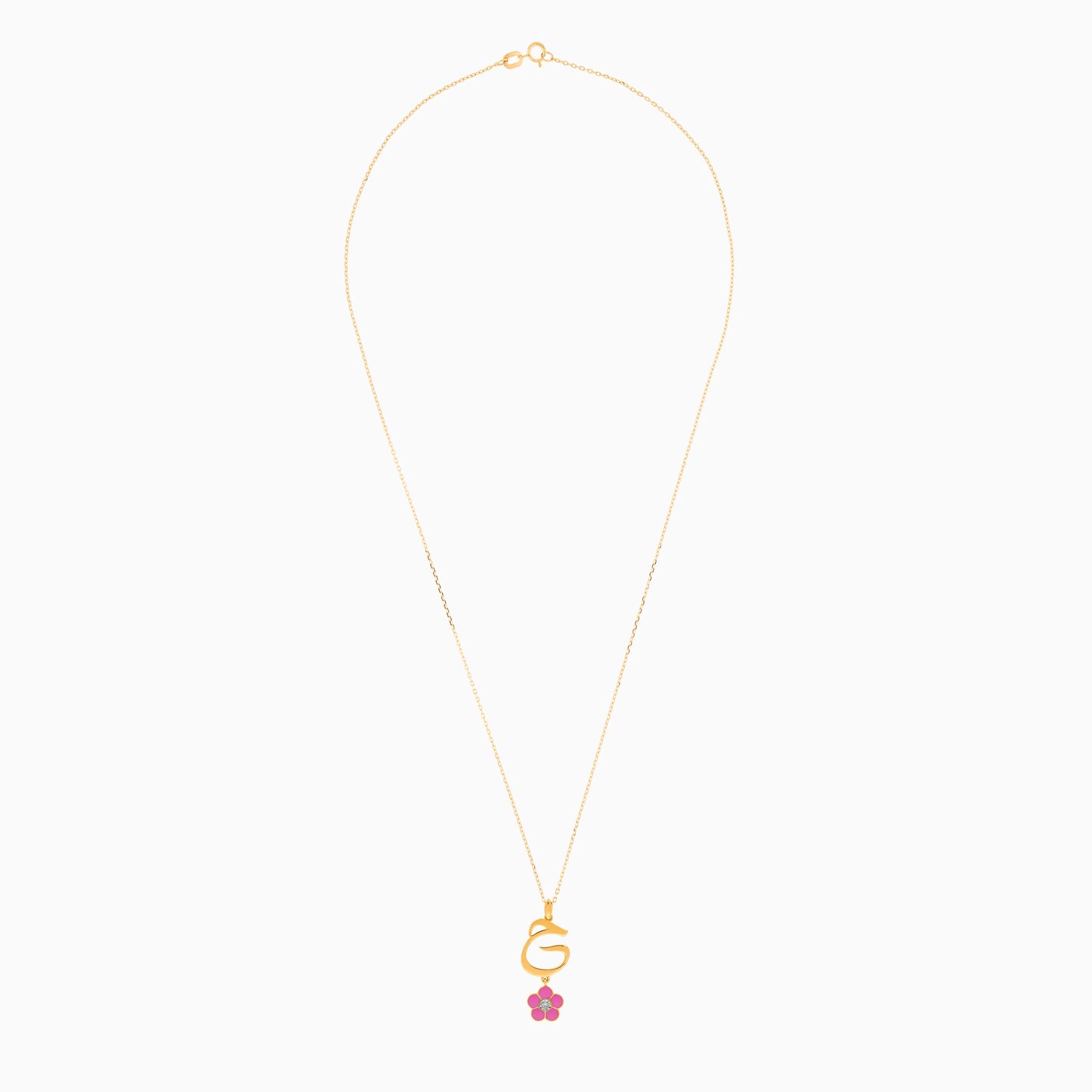 18k Yellow Gold Kids Necklace with ‘Haa’ Letter, Pink Enamel Flower & Natural Diamond | Horoufi Kids Collection