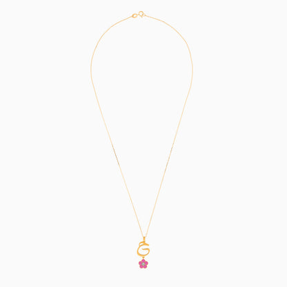 18k Yellow Gold Kids Necklace with ‘Haa’ Letter, Pink Enamel Flower & Natural Diamond | Horoufi Kids Collection