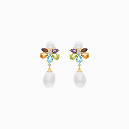 18K Yellow Gold Multicolored Gemstone Flower Dangle Earrings with Natural Diamonds and Pearl Drops - Danah Diamond Collection