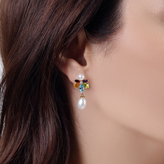 18K Yellow Gold Multicolored Gemstone Flower Dangle Earrings with Natural Diamonds and Pearl Drops - Danah Diamond Collection
