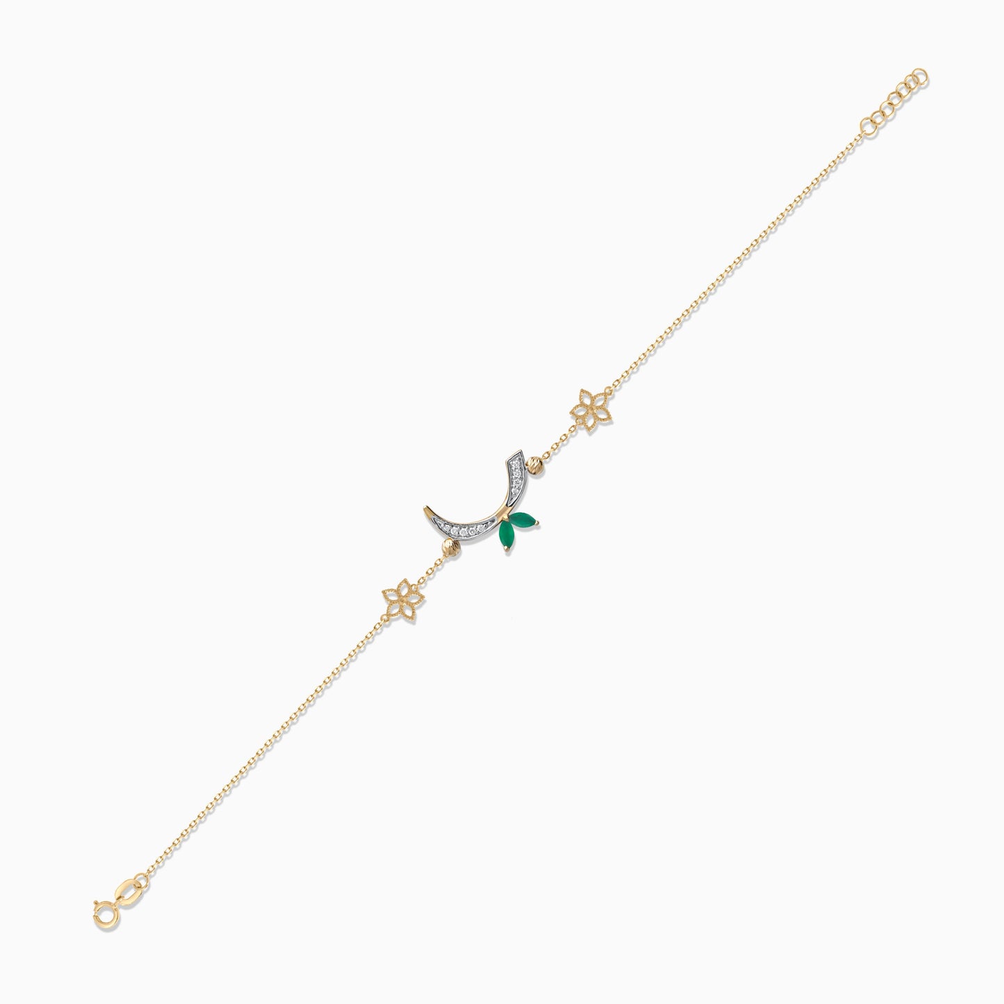 18K Yellow Gold ‘Raa’ Arabic Letter Bracelet with Natural Diamonds & Green Agate | Horoufi Diamond Collection