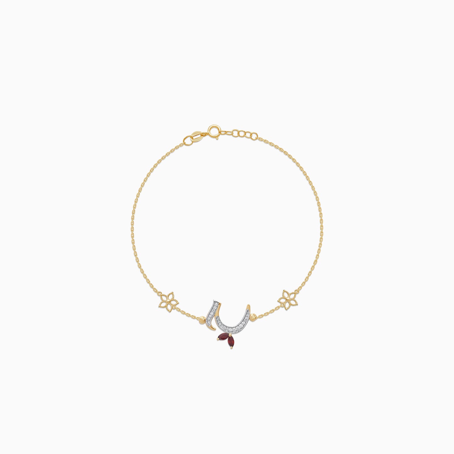 18k Yellow Gold ‘Haa’ Arabic Letter Bracelet with Diamonds & Red Garnet | Horoufi Diamond Collection