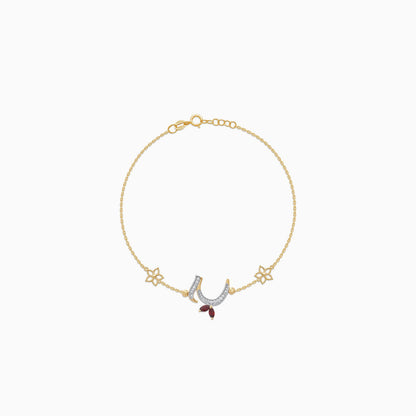 18k Yellow Gold ‘Haa’ Arabic Letter Bracelet with Diamonds & Red Garnet | Horoufi Diamond Collection