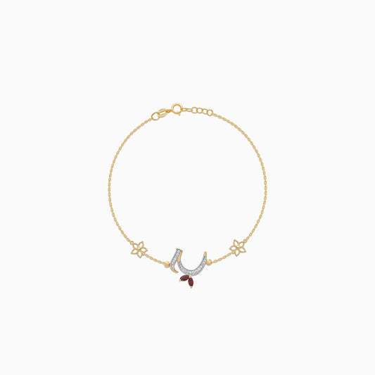 18k Yellow Gold ‘Haa’ Arabic Letter Bracelet with Diamonds & Red Garnet | Horoufi Diamond Collection
