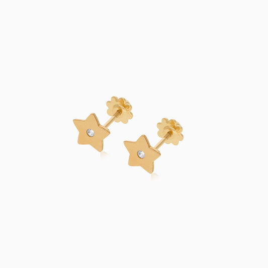 18K Yellow Gold Kid’s Star-Shaped Earrings with Zircon Stone in the Center