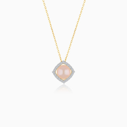 18K Yellow Gold Cultured Pearl Surrounded by Natural Diamond Necklace