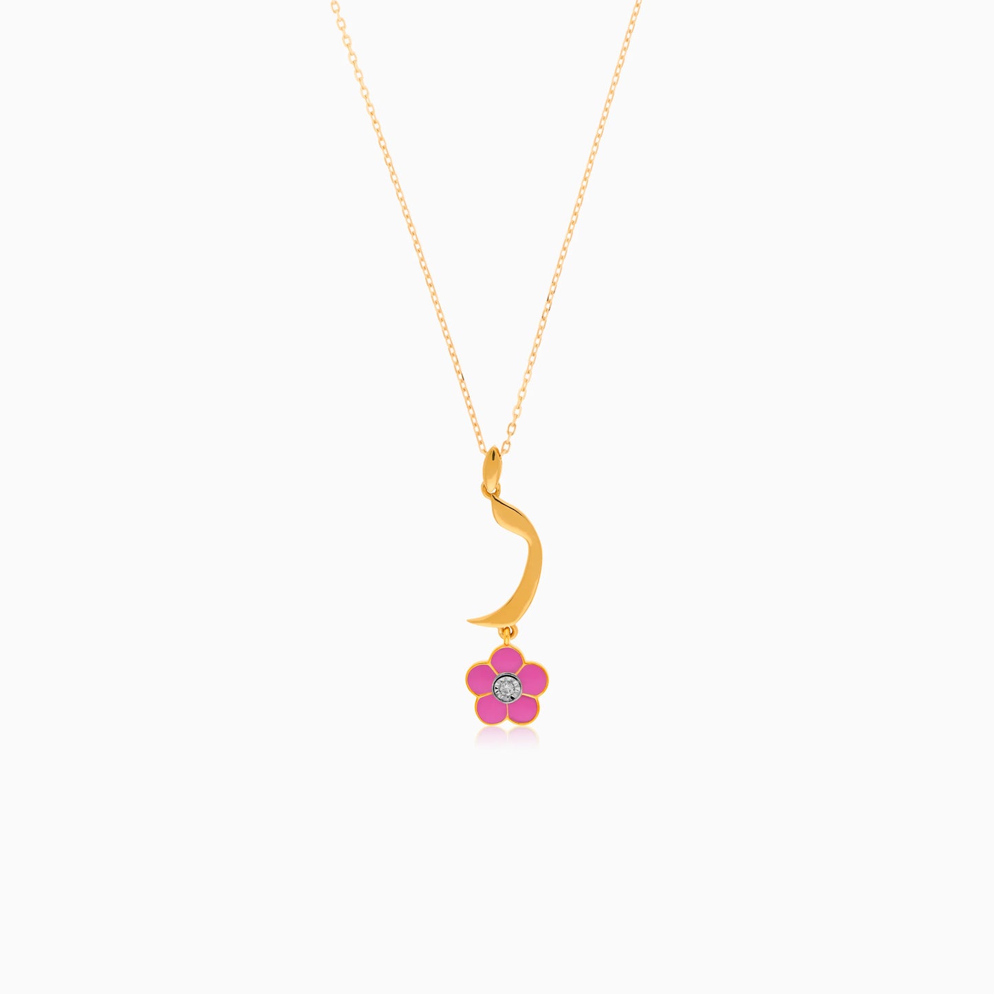 18k Yellow Gold Kids Necklace with Arabic Letter "Raa" – Pink Enamel Flower & Diamond | Horoufi Kids Collection