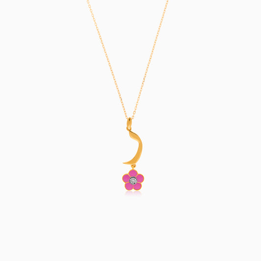 18k Yellow Gold Kids Necklace with Arabic Letter "Raa" – Pink Enamel Flower & Diamond | Horoufi Kids Collection