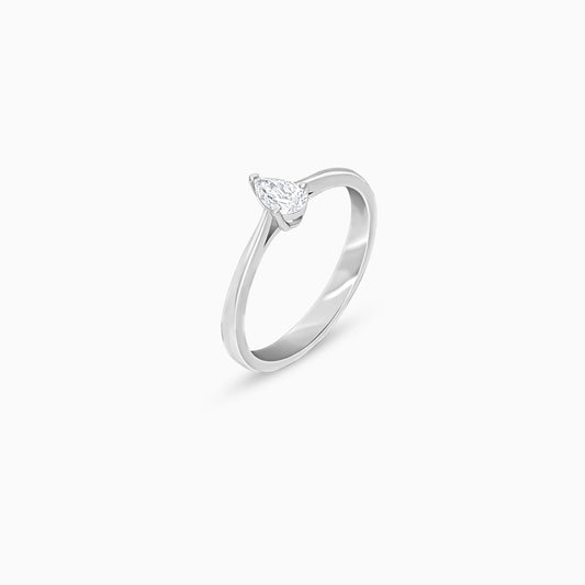 18k white gold solitaire ring with a single pear shaped natural diamond