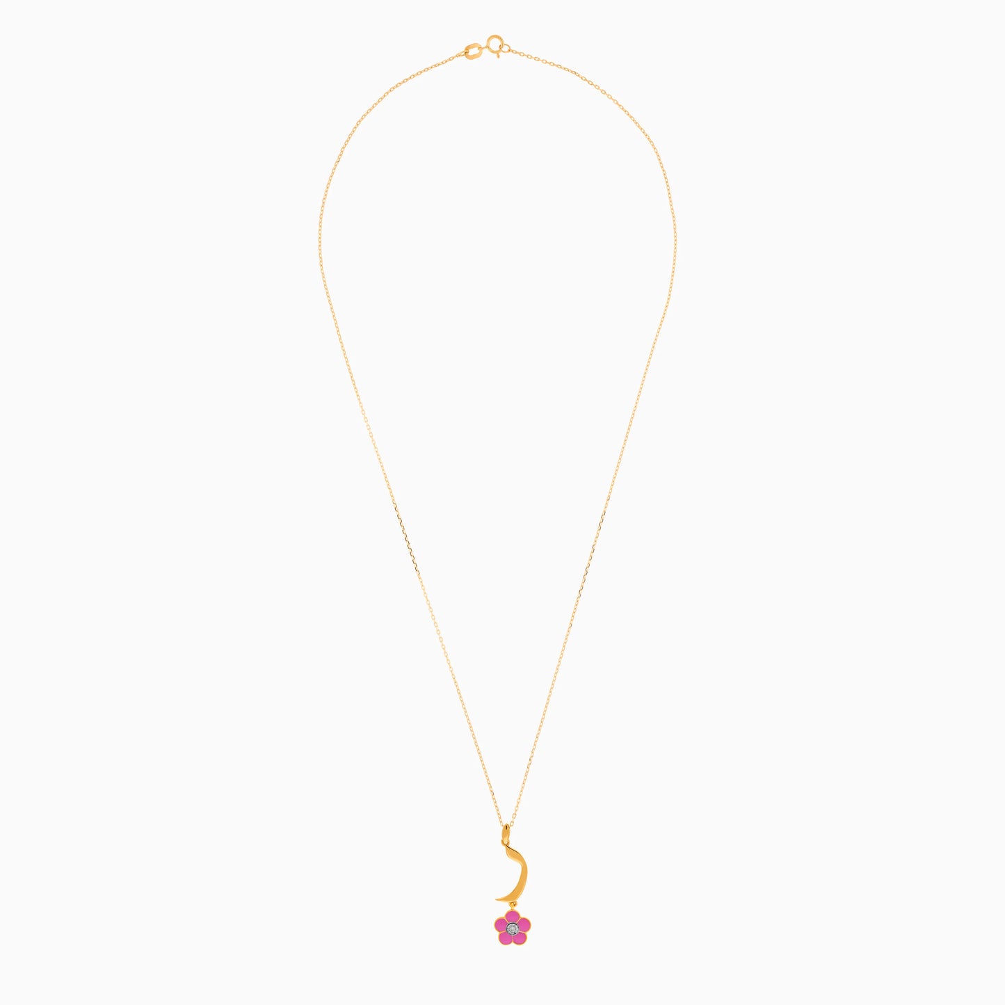 18k Yellow Gold Kids Necklace with Arabic Letter "Raa" – Pink Enamel Flower & Diamond | Horoufi Kids Collection
