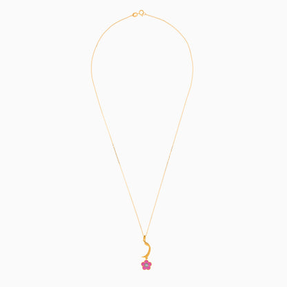 18k Yellow Gold Kids Necklace with Arabic Letter "Raa" – Pink Enamel Flower & Diamond | Horoufi Kids Collection