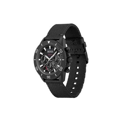Boss Watch Quartz movement in a Round case with Black Nylon strap and Black Dial