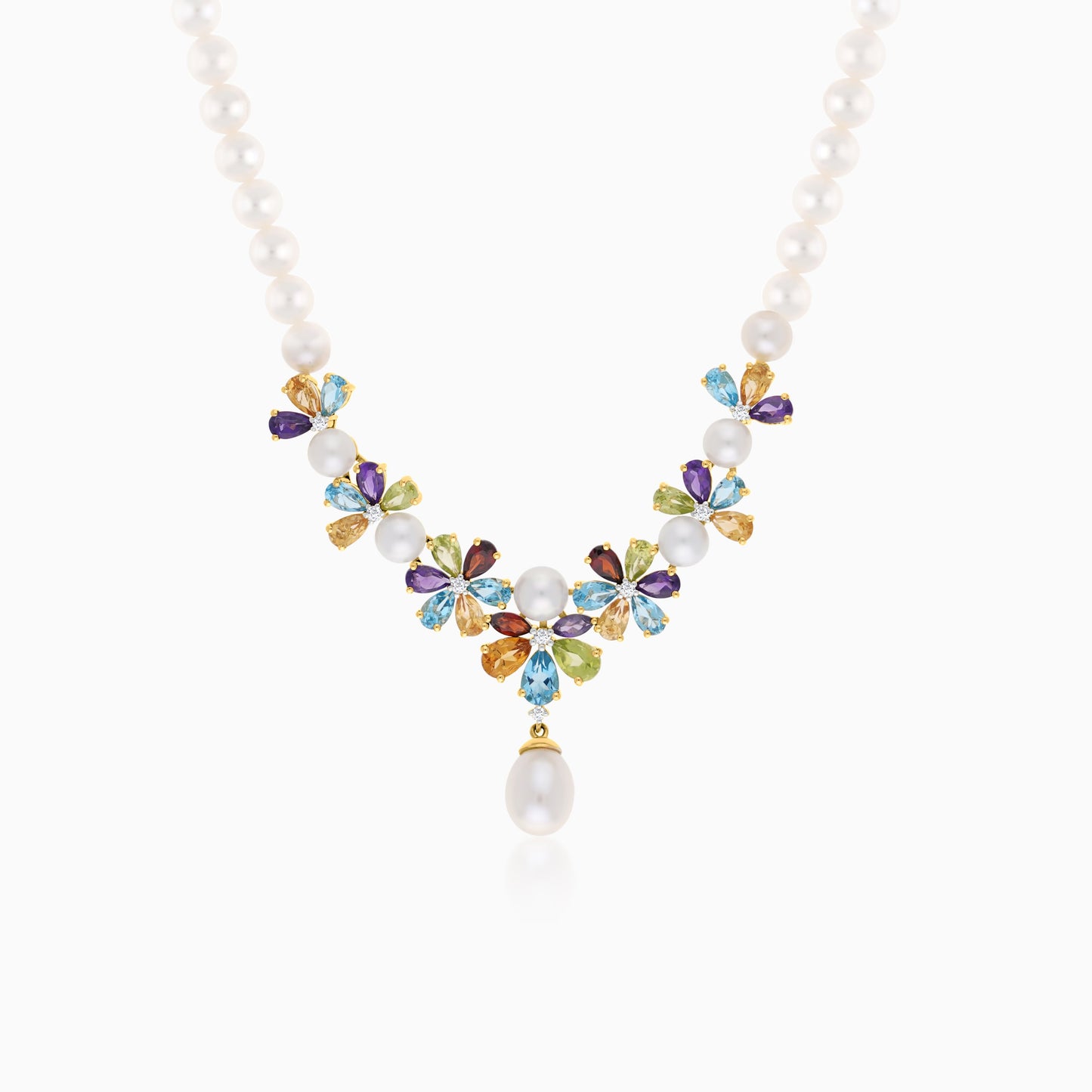 18k Yellow Gold Pearl Necklace with Natural Diamonds and Gemstones | Danah Diamond Collection