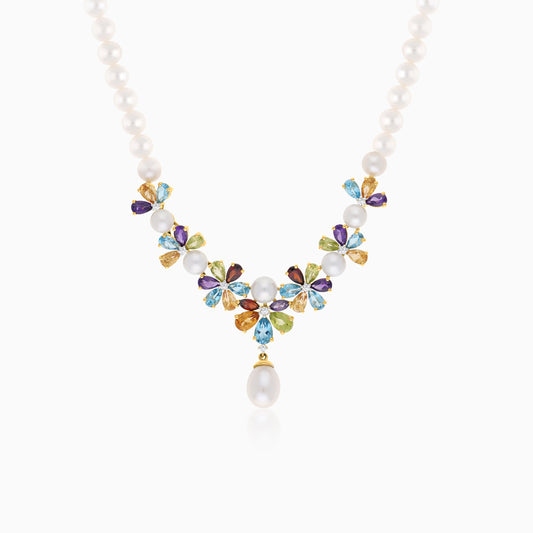 18K Yellow Gold Pearl Necklace with Natural Diamonds and Gemstones – Danah Diamond Collection