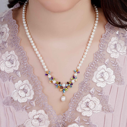 18K Yellow Gold Pearl Necklace with Natural Diamonds and Gemstones – Danah Diamond Collection