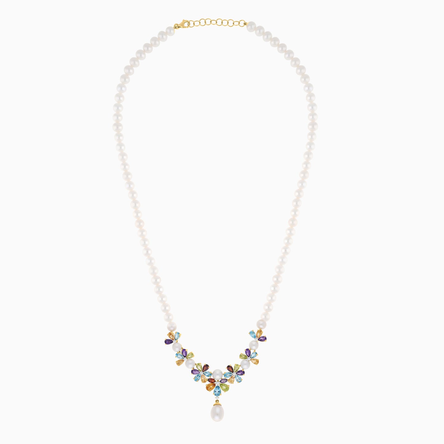 18k Yellow Gold Pearl Necklace with Natural Diamonds and Gemstones | Danah Diamond Collection