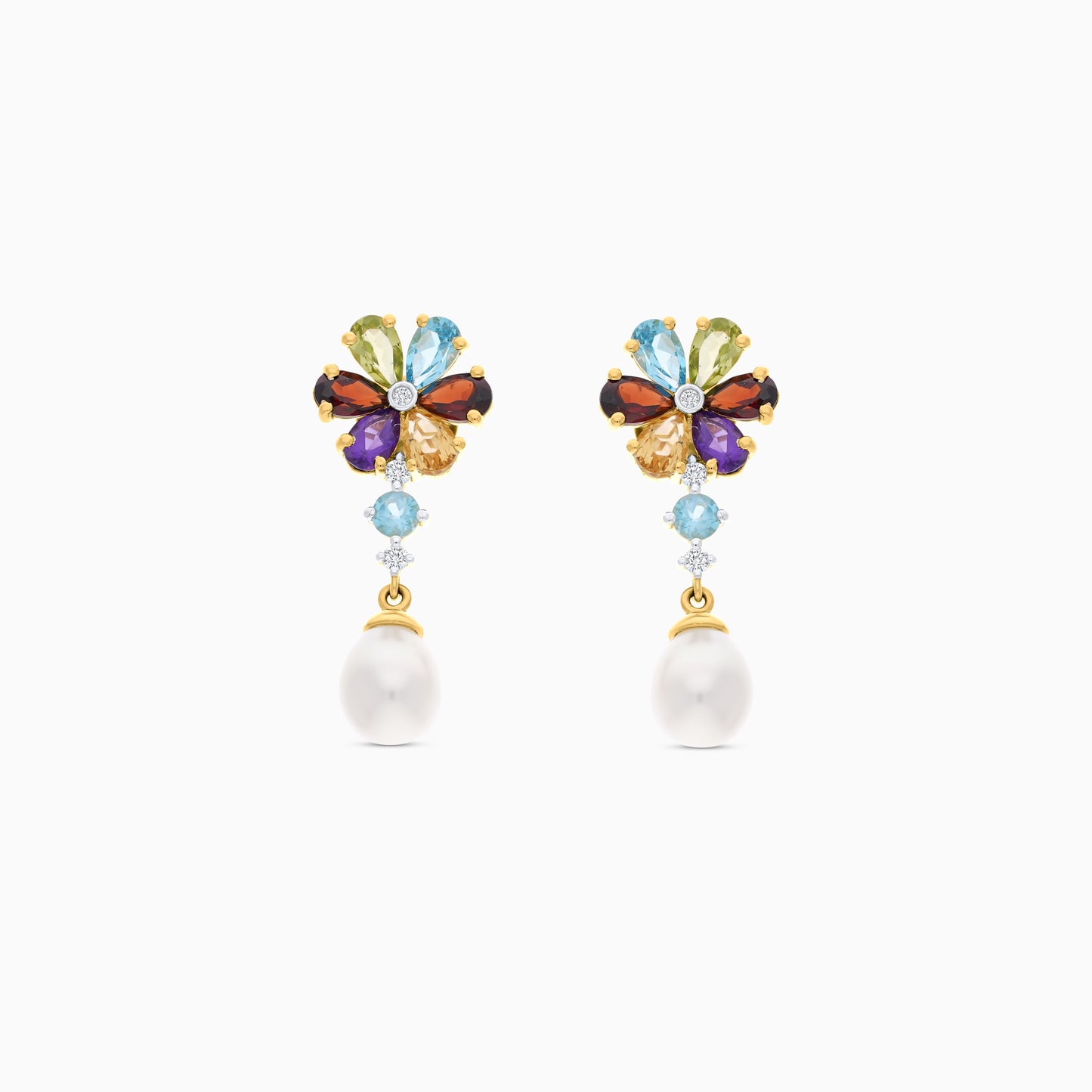 18K Yellow Gold Pearl Earrings with Natural Diamonds & Gemstones