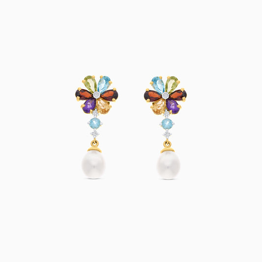 18K  YELLOW GOLD PEARL EARRING WITH NATURAL DIAMOND & GEMSTONES