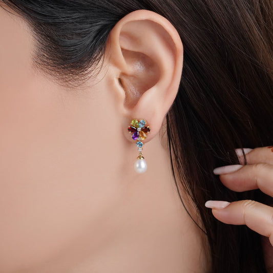 18K  YELLOW GOLD PEARL EARRING WITH NATURAL DIAMOND & GEMSTONES