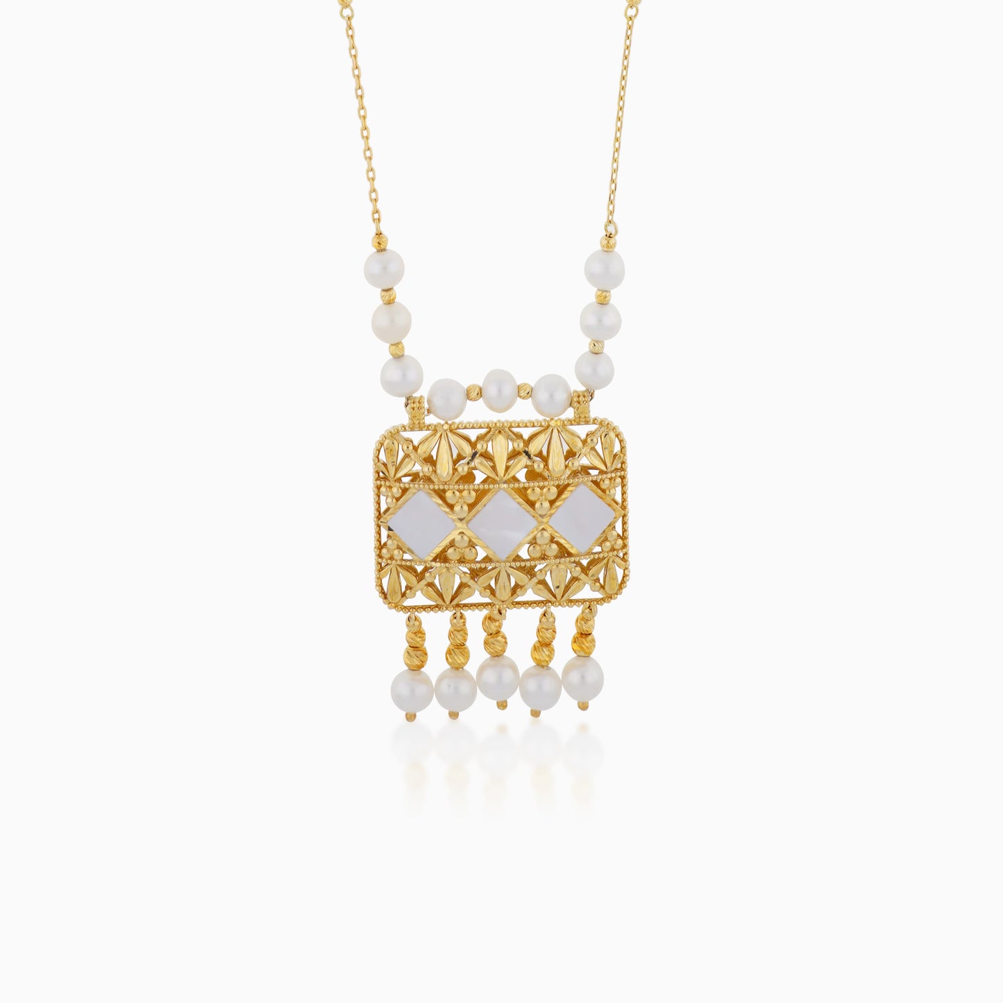 18K YELLOW GOLD LONG NECKLACE DECORATED WITH PEARLS AND (MOP)