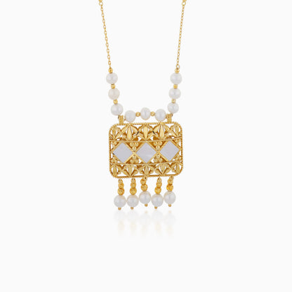 18K YELLOW GOLD LONG NECKLACE DECORATED WITH PEARLS AND (MOP)