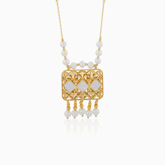 18K YELLOW GOLD LONG NECKLACE DECORATED WITH PEARLS AND (MOP)