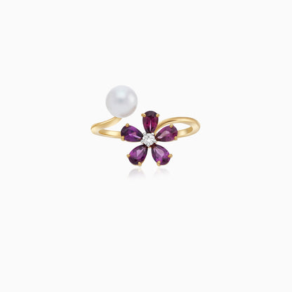 18K Yellow Gold Open Flower Ring with Diamonds, Gemstones & Single Pearl – Danah Collection