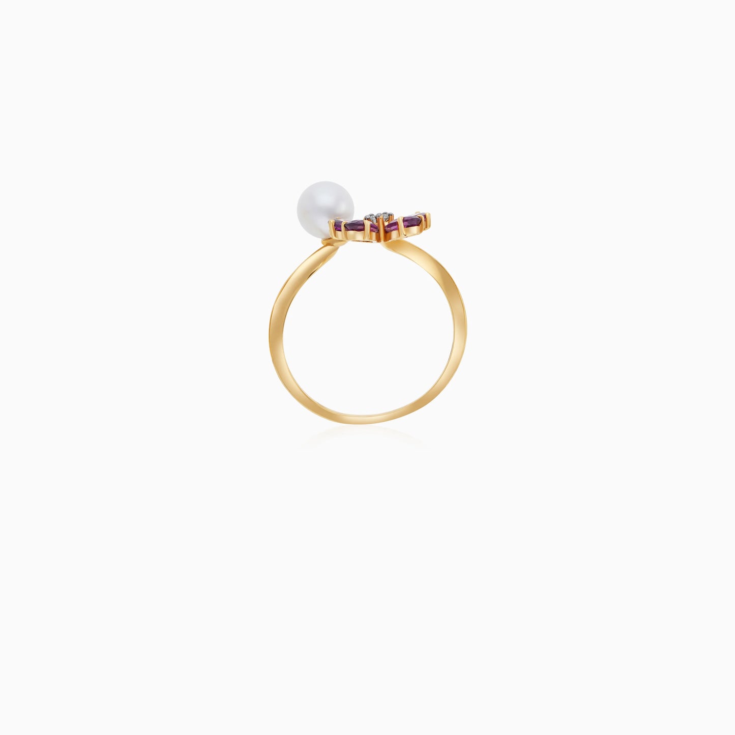 18K Yellow Gold Open Flower Ring with Diamonds, Gemstones & Single Pearl – Danah Collection