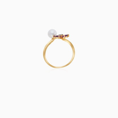 18K Yellow Gold Open Flower Ring with Diamonds, Gemstones & Single Pearl – Danah Collection