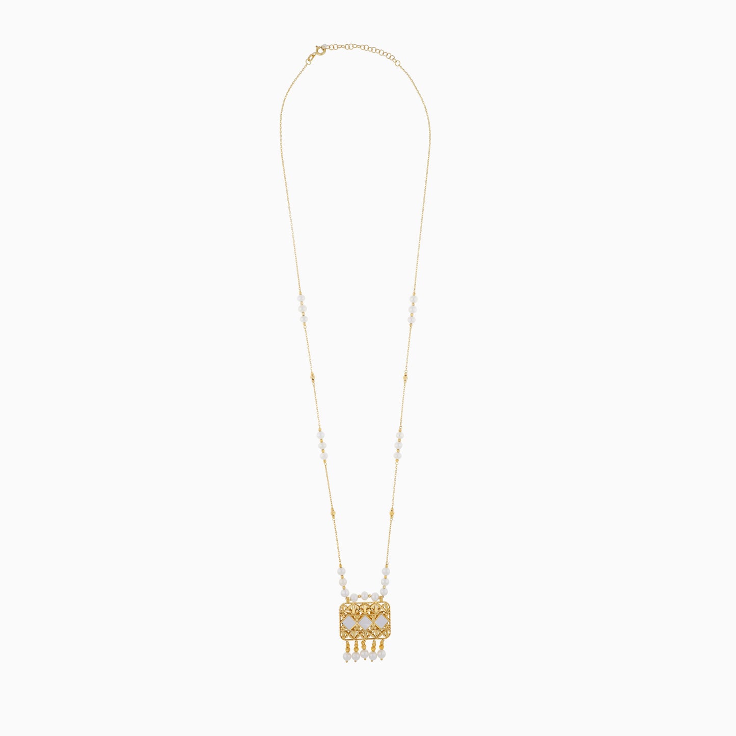 18K YELLOW GOLD LONG NECKLACE DECORATED WITH PEARLS AND (MOP)