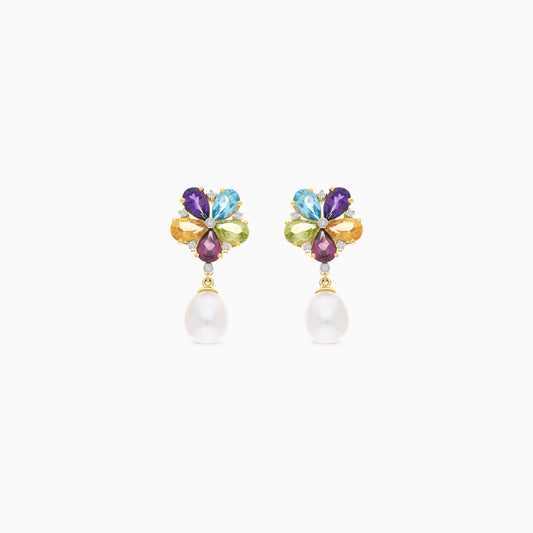 18K YELLOW GOLD PEARL EARRING WITH NATURAL DIAMOND & GEMSTONES