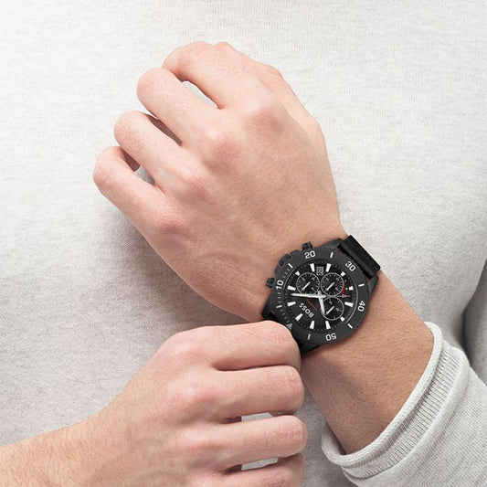 Boss Watch Quartz movement in a Round case with Black Nylon strap and Black Dial