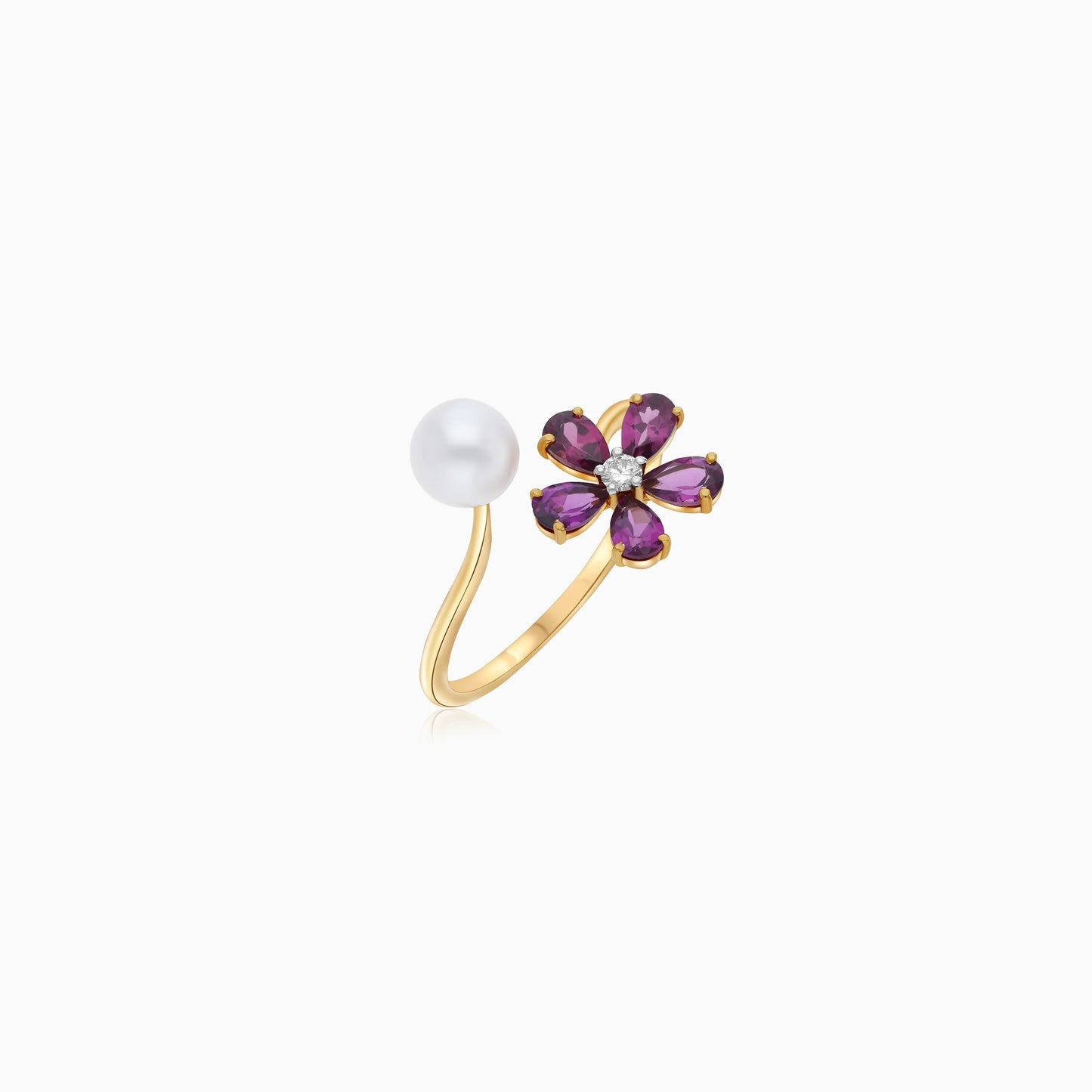18K Yellow Gold Open Flower Ring with Diamonds, Gemstones & Single Pearl – Danah Collection