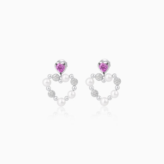 18k white gold heart-shaped earrings decorated with pearls, natural diamond and natural Pink Sapphire stones | danah collection
