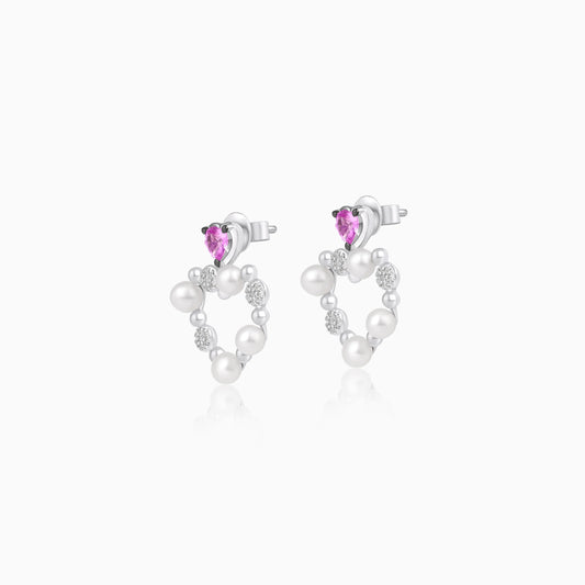 18k white gold heart-shaped earrings decorated with pearls, natural diamond and natural Pink Sapphire stones | danah collection
