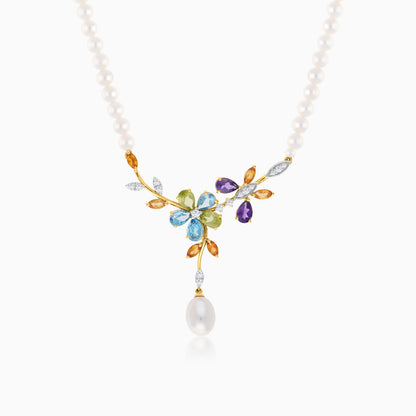 18k Yellow Gold Pearl Necklace with Natural Diamonds and Gemstones | Danah Diamond Collection