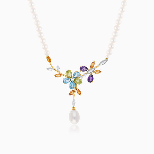 18K Yellow Gold Pearl Necklace with Natural Diamonds and Gemstones – Danah Diamond Collection