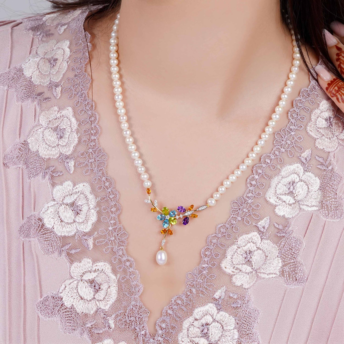 18k Yellow Gold Pearl Necklace with Natural Diamonds and Gemstones | Danah Diamond Collection