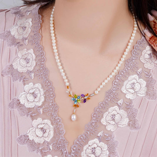 18K Yellow Gold Pearl Necklace with Natural Diamonds and Gemstones – Danah Diamond Collection