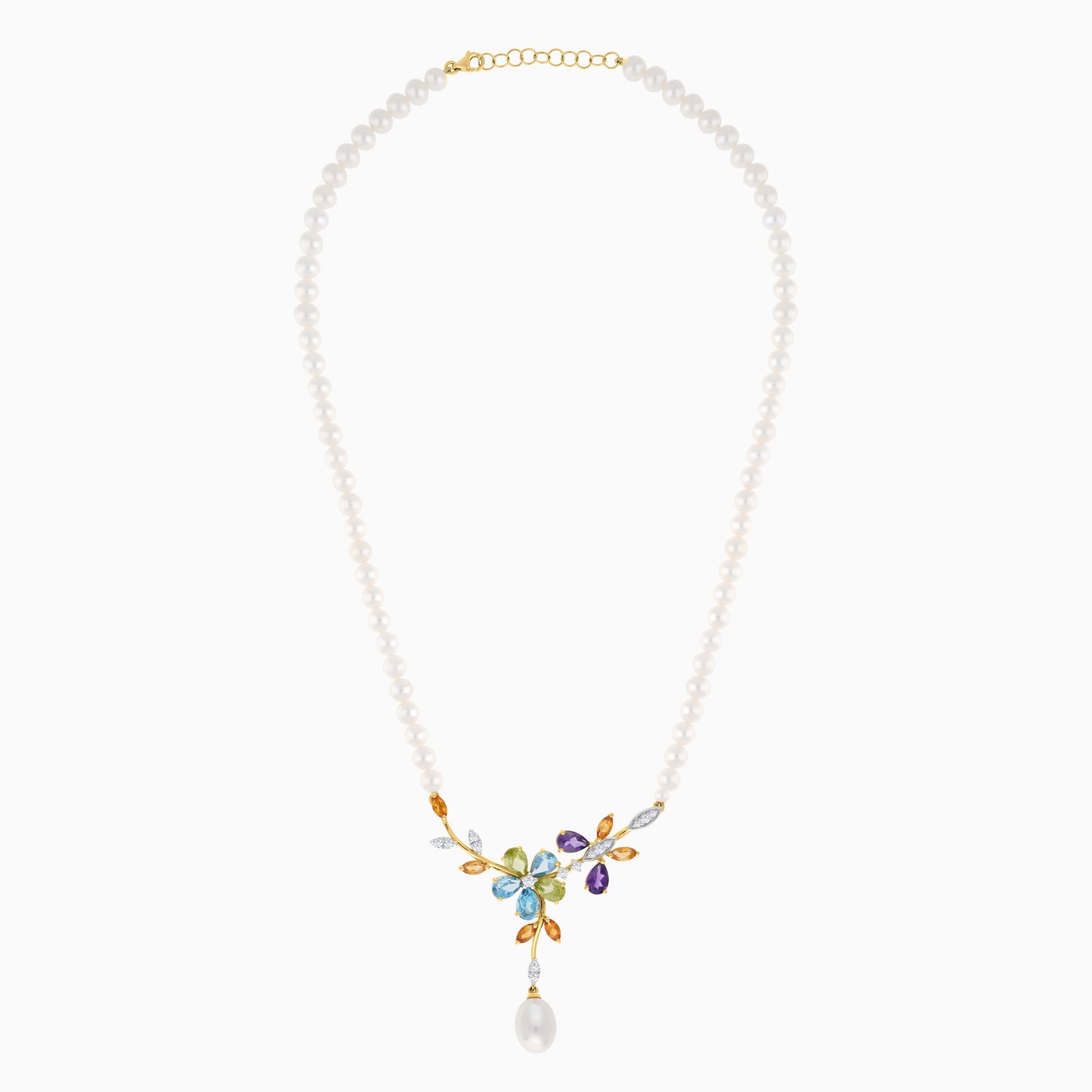 18k Yellow Gold Pearl Necklace with Natural Diamonds and Gemstones | Danah Diamond Collection