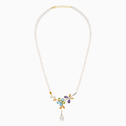18k Yellow Gold Pearl Necklace with Natural Diamonds and Gemstones | Danah Diamond Collection