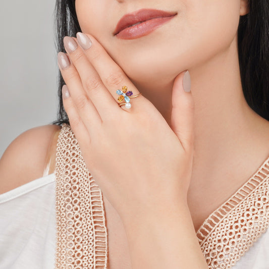 18K Yellow Gold Open Flower Ring with Diamonds, Gemstones & Single Pearl – Danah Collection
