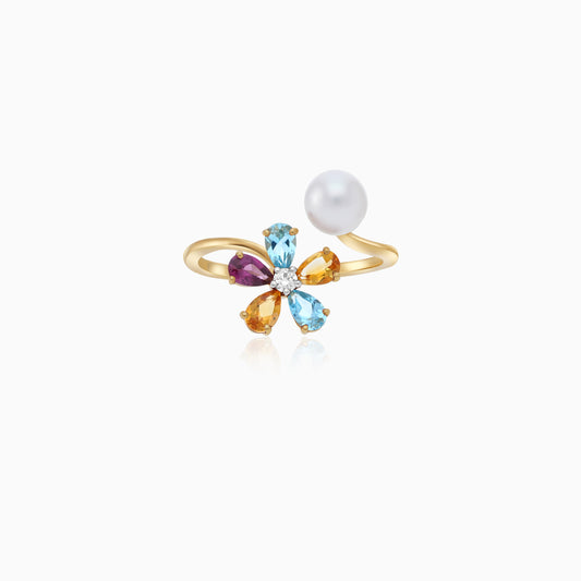 18K Yellow Gold Open Flower Ring with Diamonds, Gemstones & Single Pearl – Danah Collection