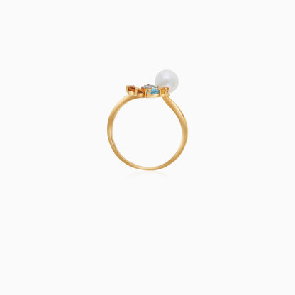 18K Yellow Gold Open Flower Ring with Diamonds, Gemstones & Single Pearl – Danah Collection