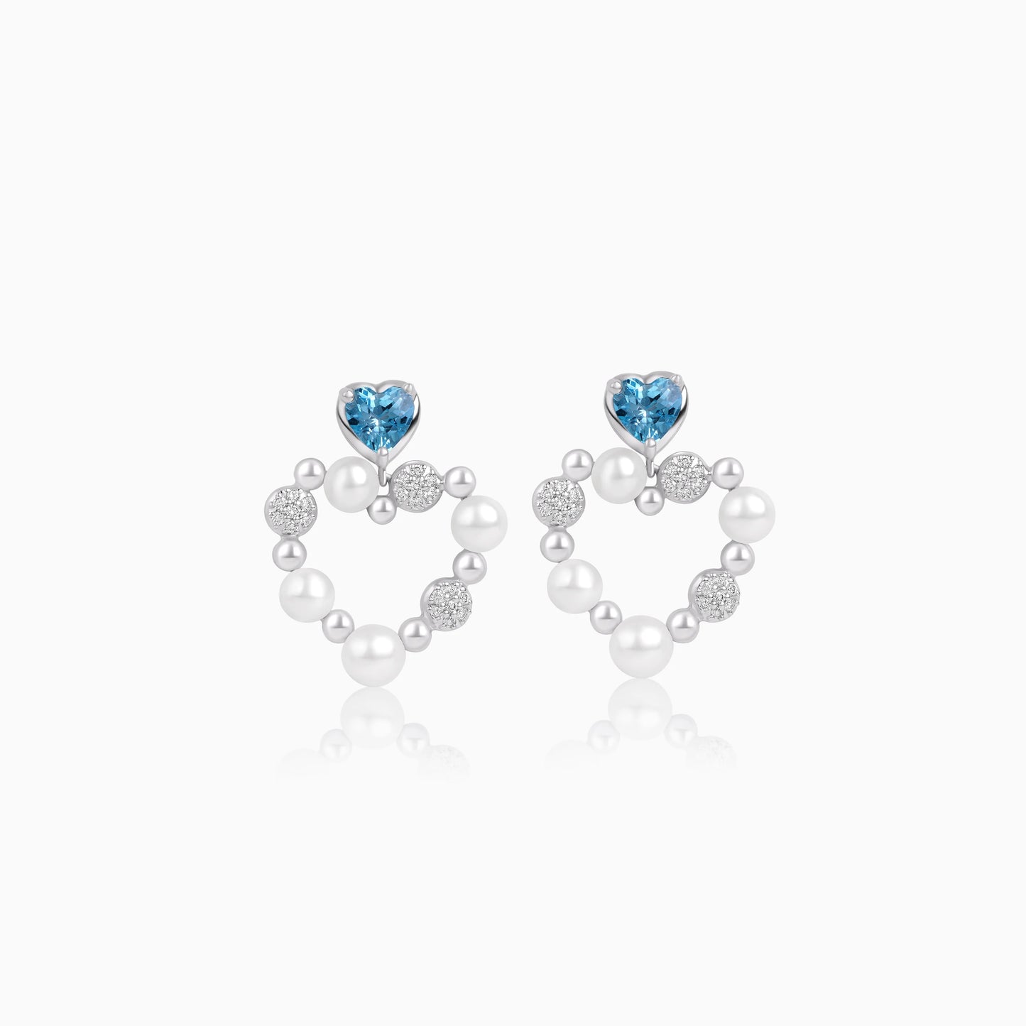 18k white gold heart-shaped earrings decorated with pearls, natural diamond and natural Swiss blue Topaz stones | danah collection