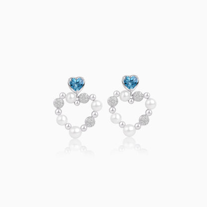 18k white gold heart-shaped earrings decorated with pearls, natural diamond and natural Swiss blue Topaz stones | danah collection
